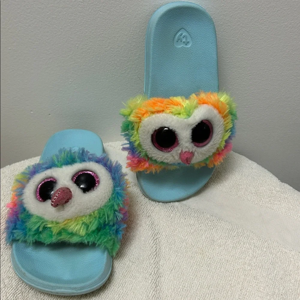 Ty Owl Owen plush colorful rainbow Kids slipOn plush Slide Sandals size 11-13